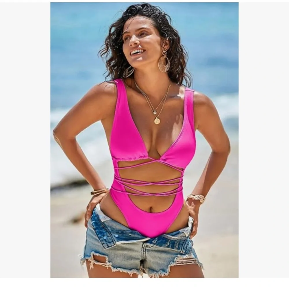 Hot Pink Strappy One-Piece Swimsuit - Picture 4 of 9